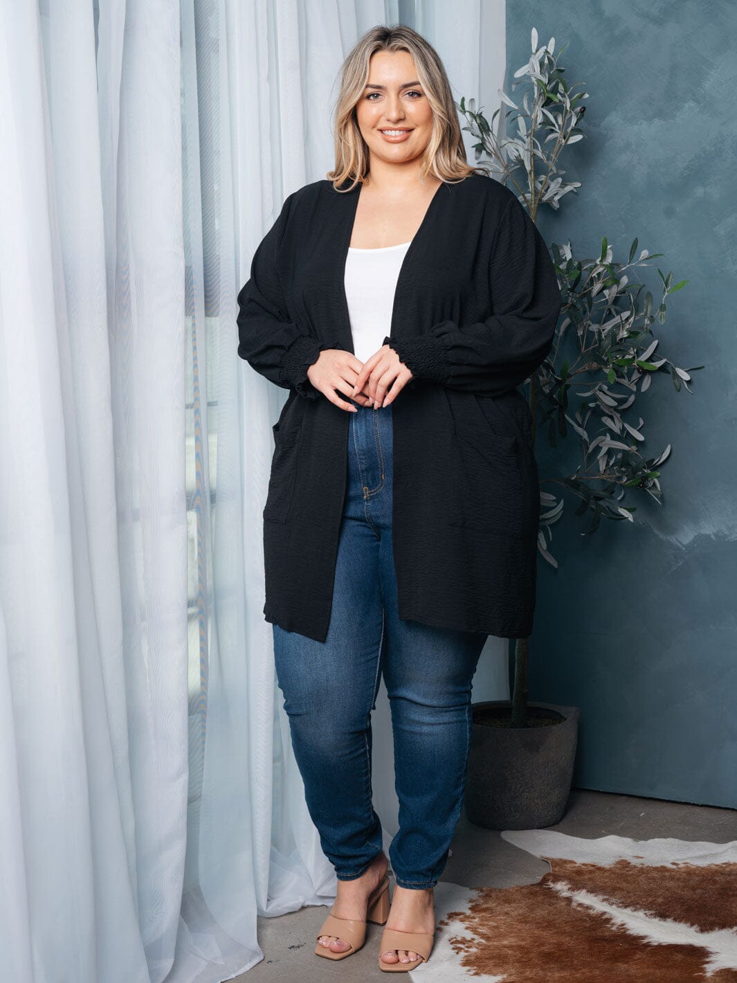 WOMEN'S LONG SLEEVE OPEN FRONT POCKETS CARDIGAN