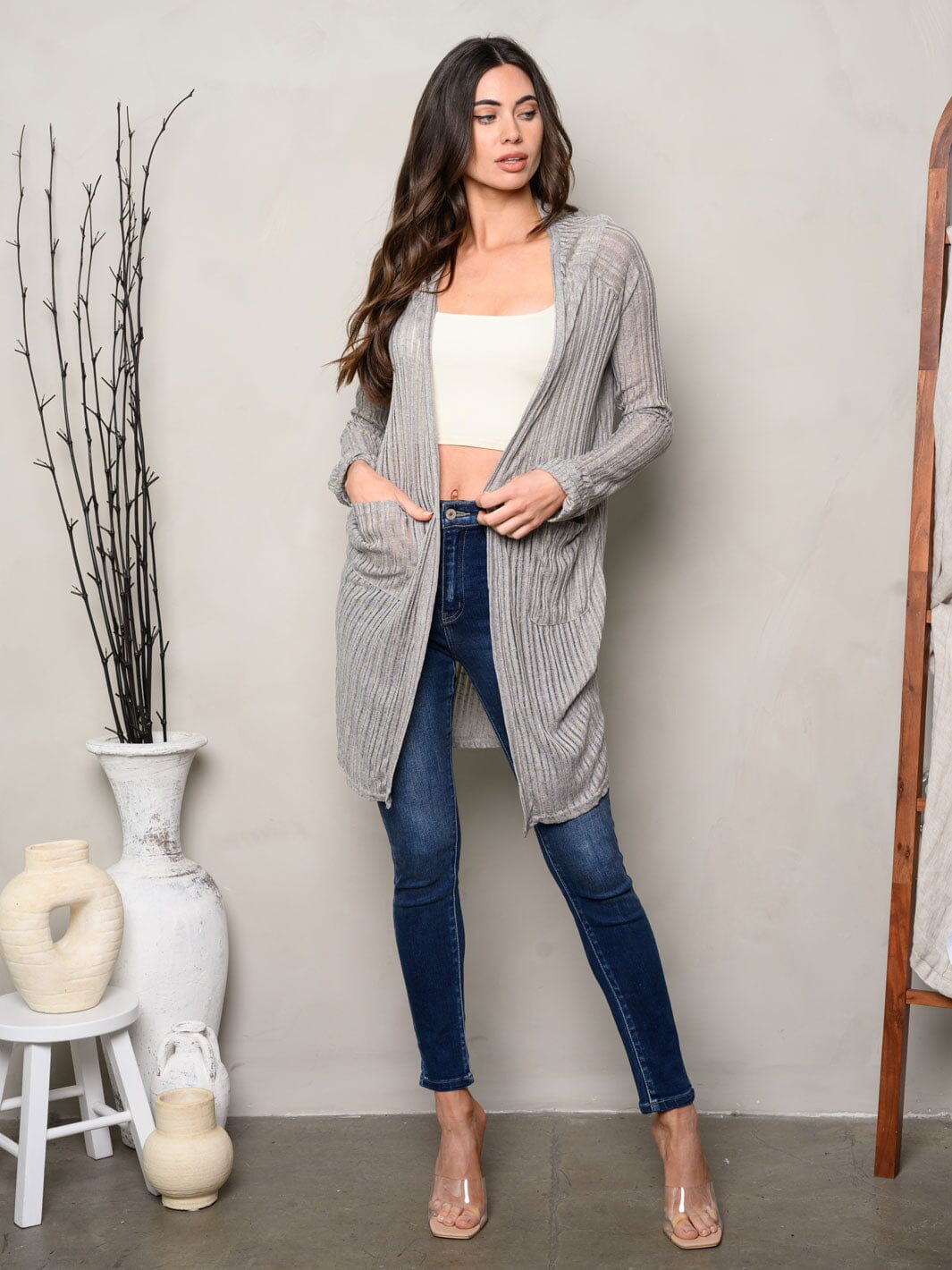 WOMEN'S LONG SLEEVE OPEN FRONT POCKETS CARDIGAN