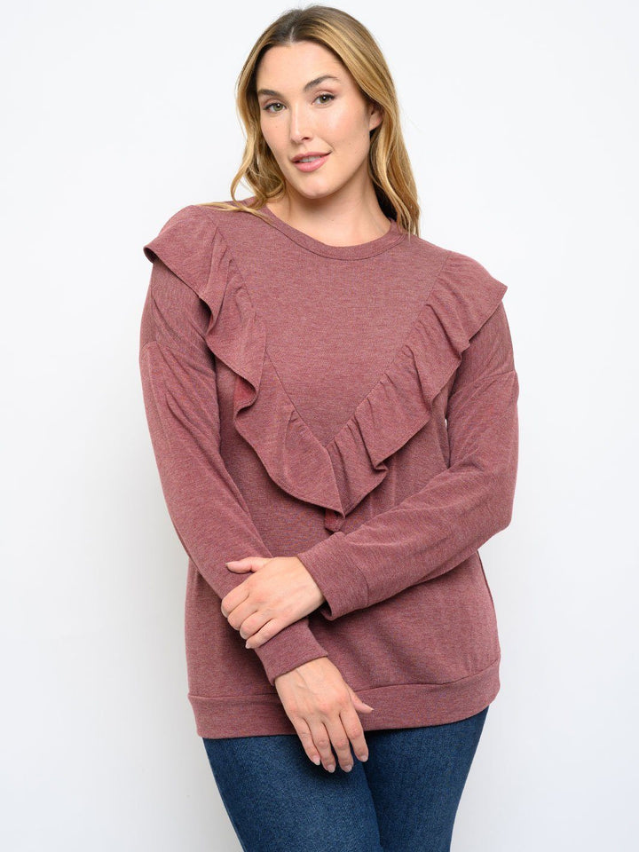 PLUS SIZE LONG SLEEVE RUFFLE DETAIL TOP