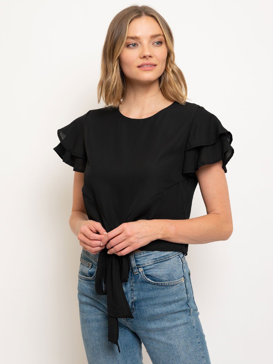 WOMEN'S FLUTTER DOUBLE SHORT SLEEVE FRONT TIE TOP