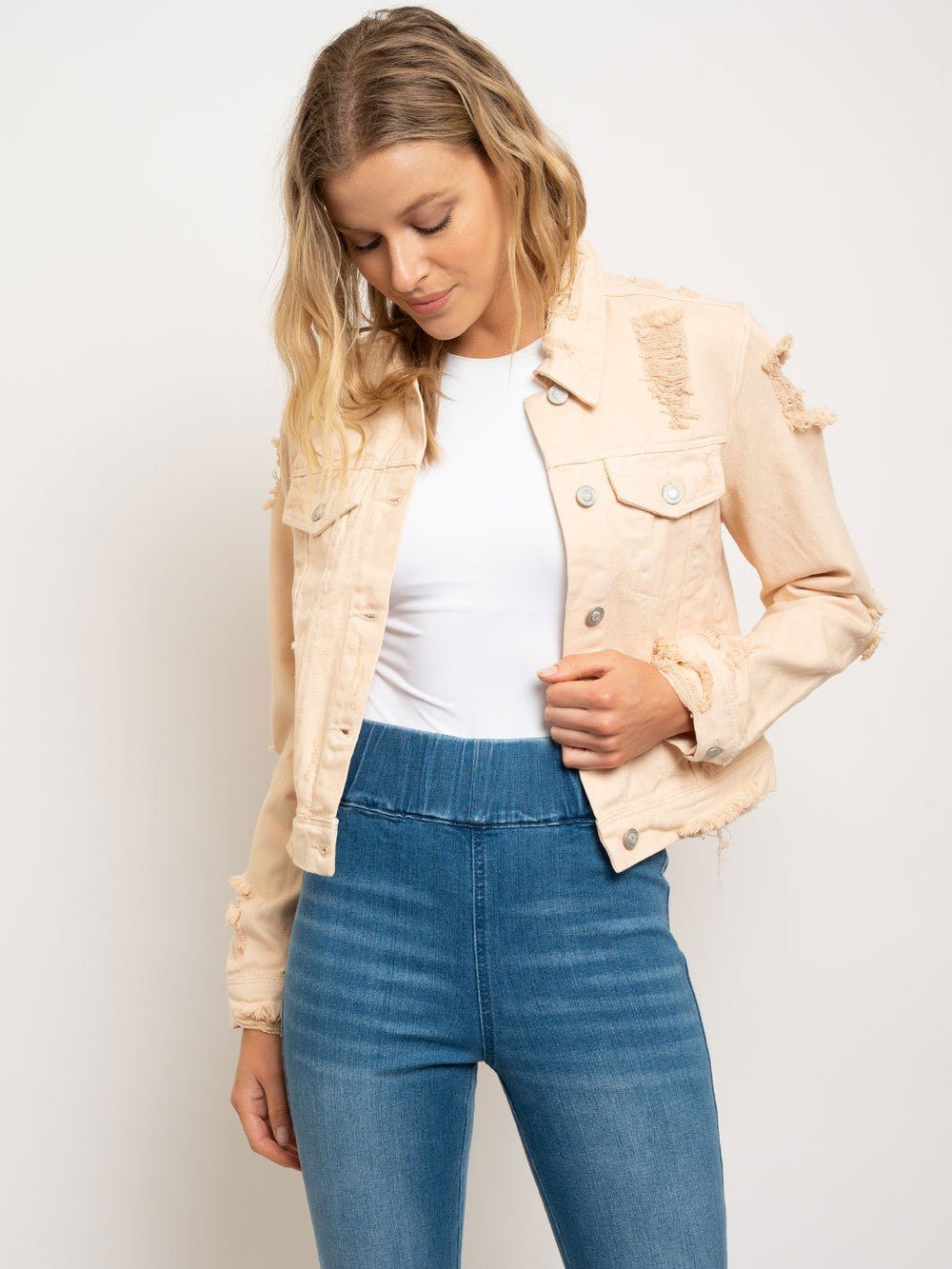WOMEN'S DESTROYED PINK DENIM TRUCKER JACKET