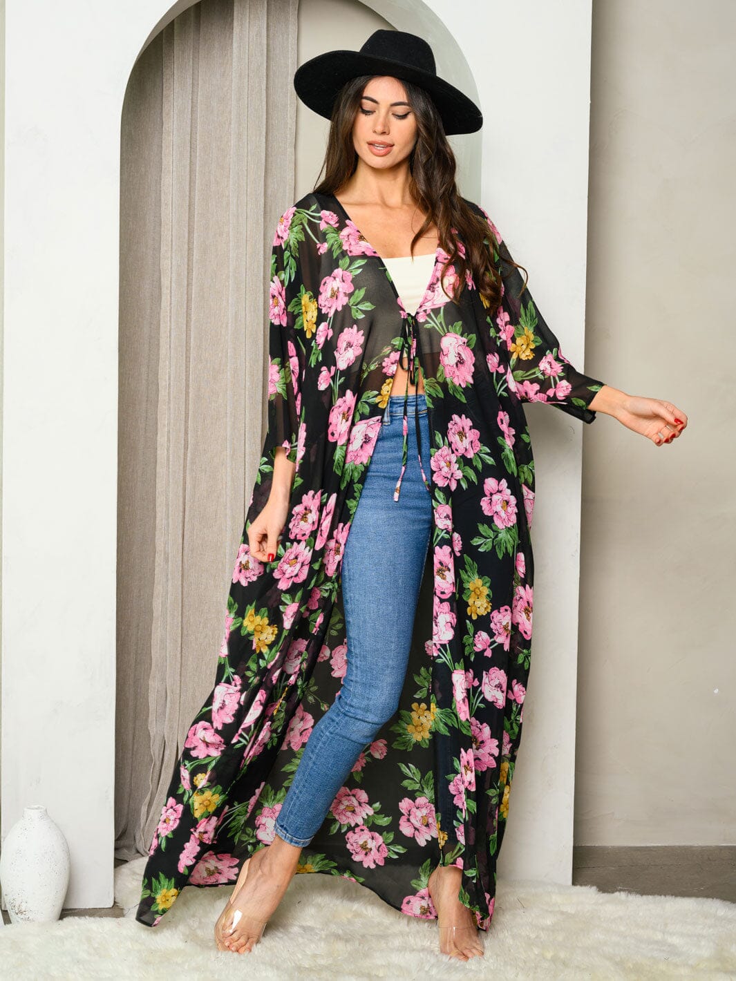 WOMEN'S 3/4 SLEEVES FRONT TIE FLORAL KIMONO