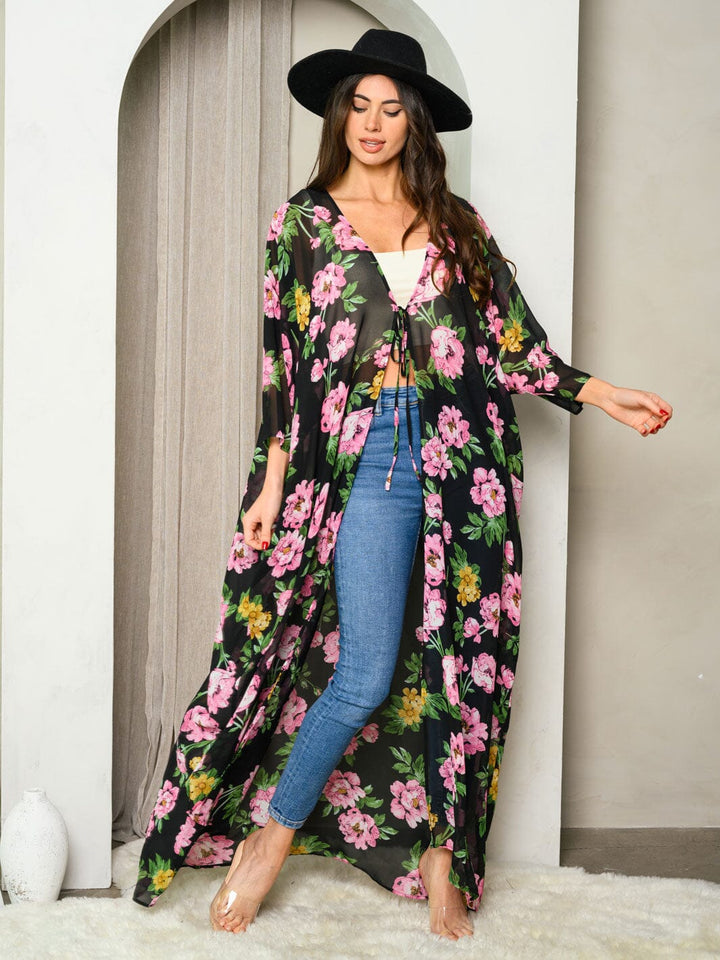 WOMEN'S 3/4 SLEEVES FRONT TIE FLORAL KIMONO