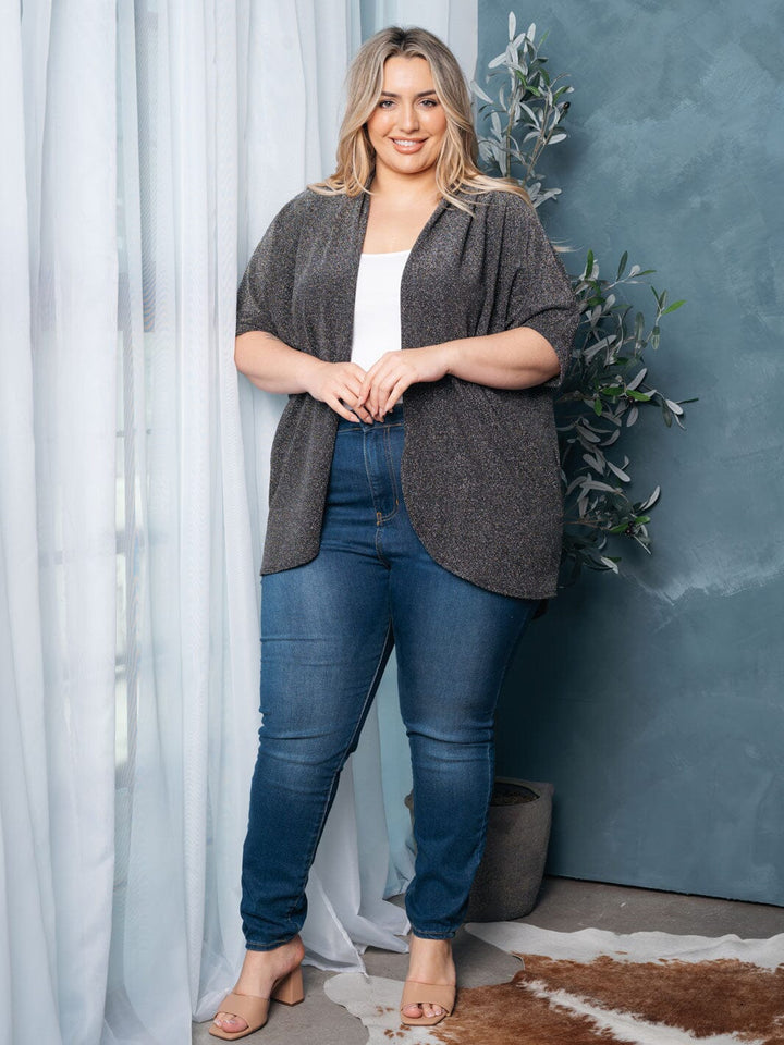 PLUS SIZE SHORT SLEEVE OPEN FRONT SHIMMER CARDIGAN