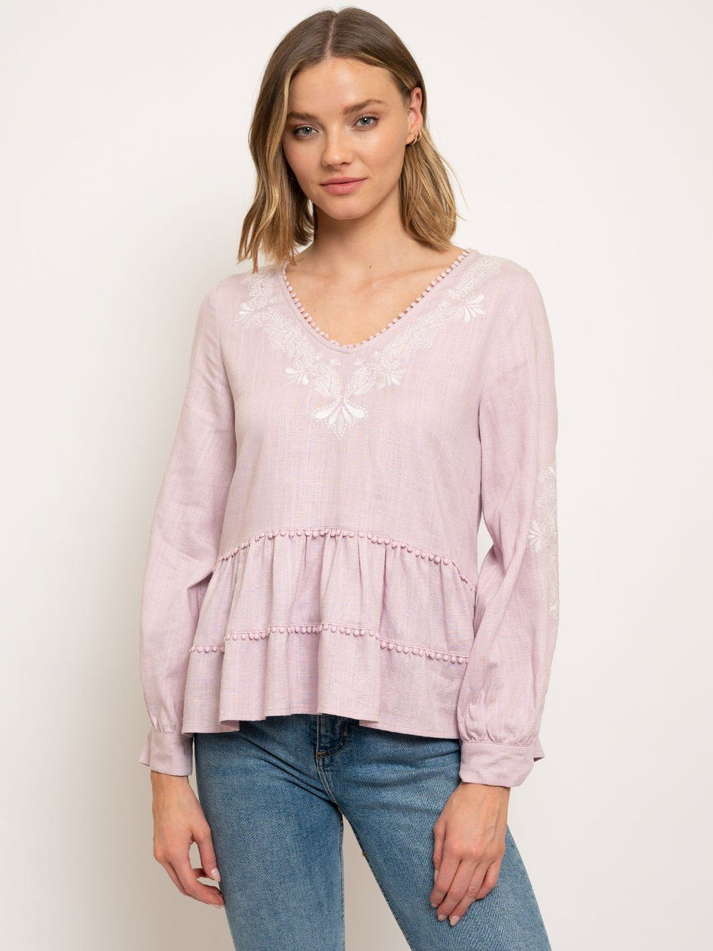 WOMEN'S EMBROIDERED V-NECK PEPLUM TOP