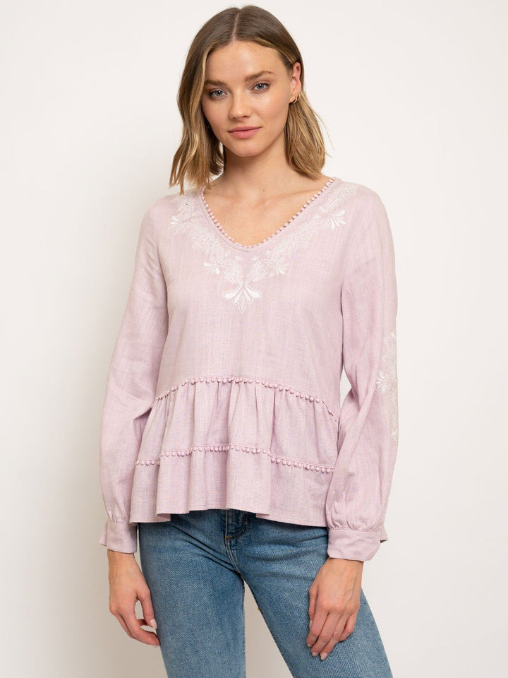 WOMEN'S EMBROIDERED V-NECK PEPLUM TOP