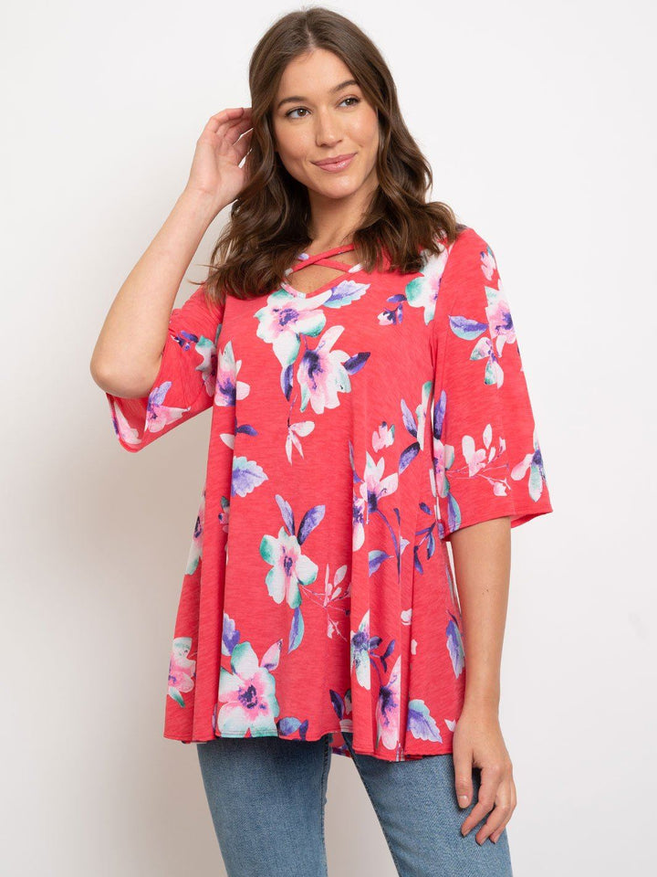 WOMEN'S FLORAL FRONT CROSS TUNIC TOP