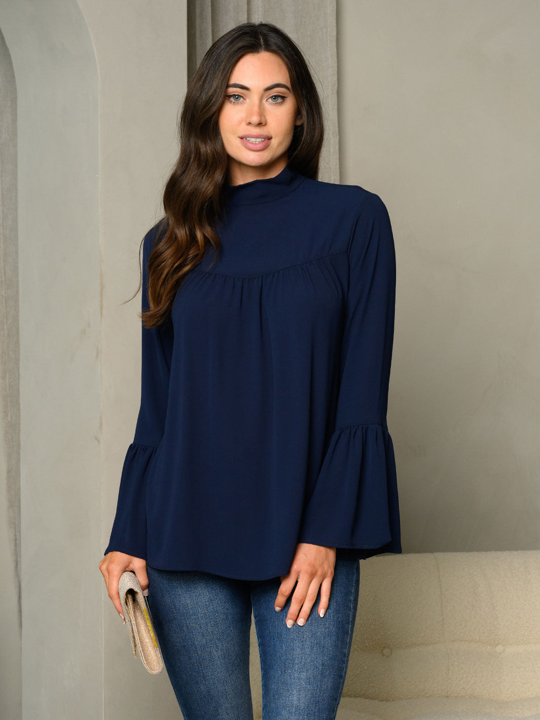 WOMEN'S MOCK NECK BELL LONG SLEEVE TOP