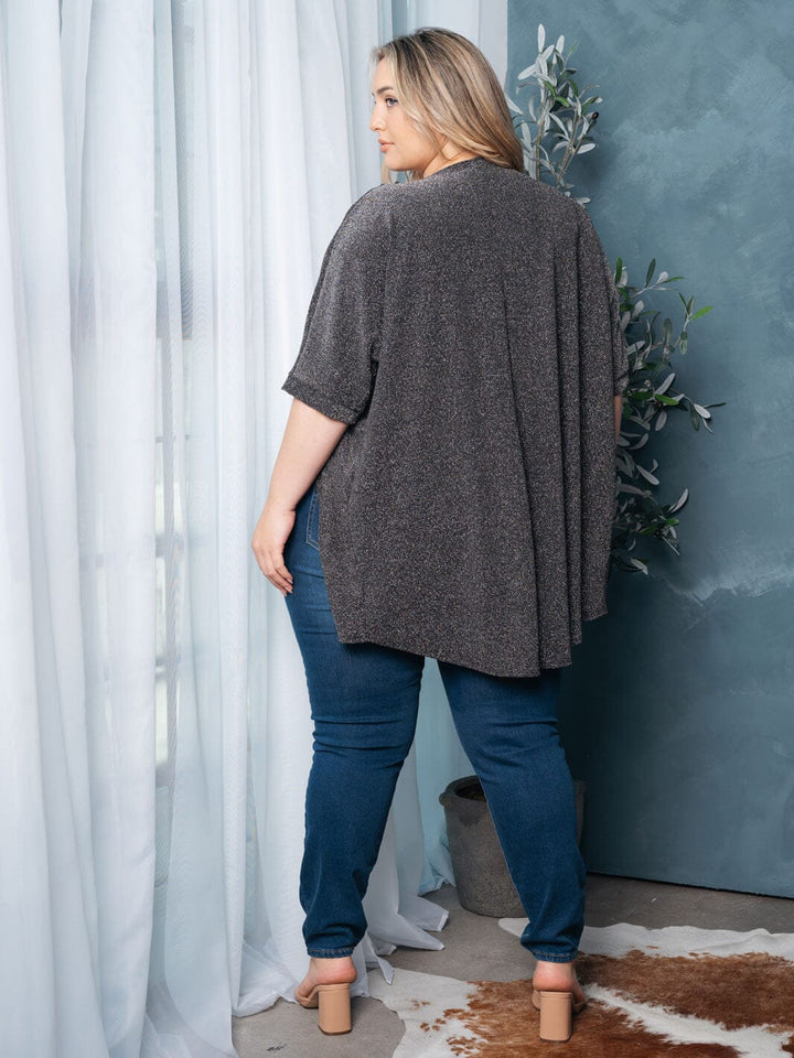 PLUS SIZE SHORT SLEEVE OPEN FRONT SHIMMER CARDIGAN