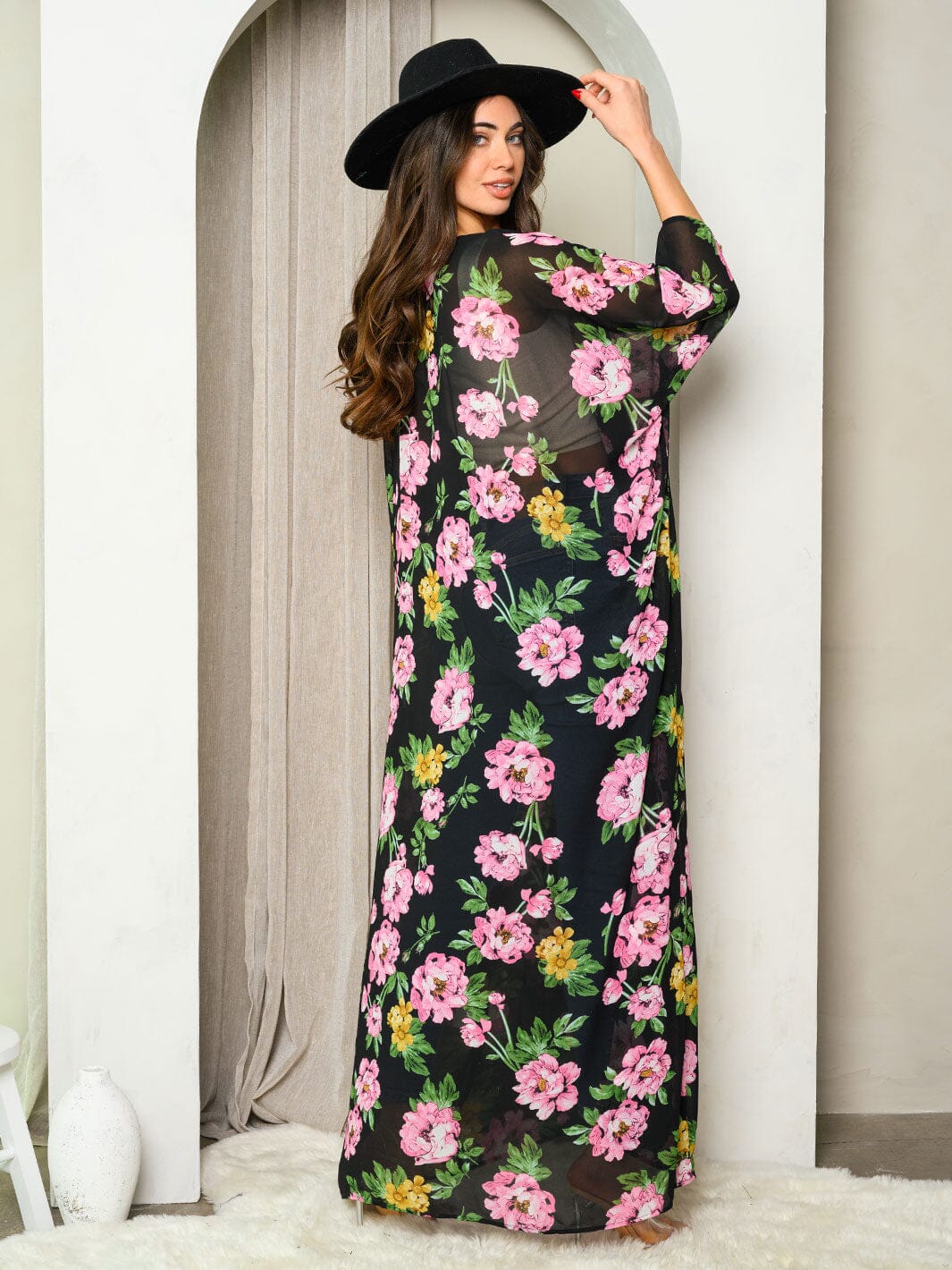 WOMEN'S 3/4 SLEEVES FRONT TIE FLORAL KIMONO