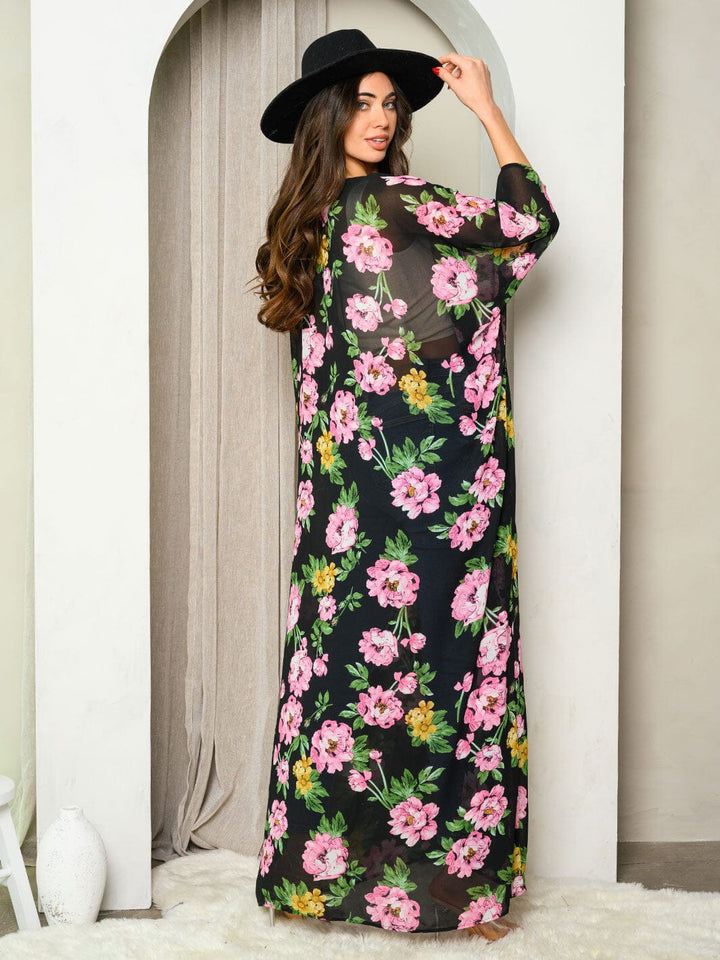 WOMEN'S 3/4 SLEEVES FRONT TIE FLORAL KIMONO