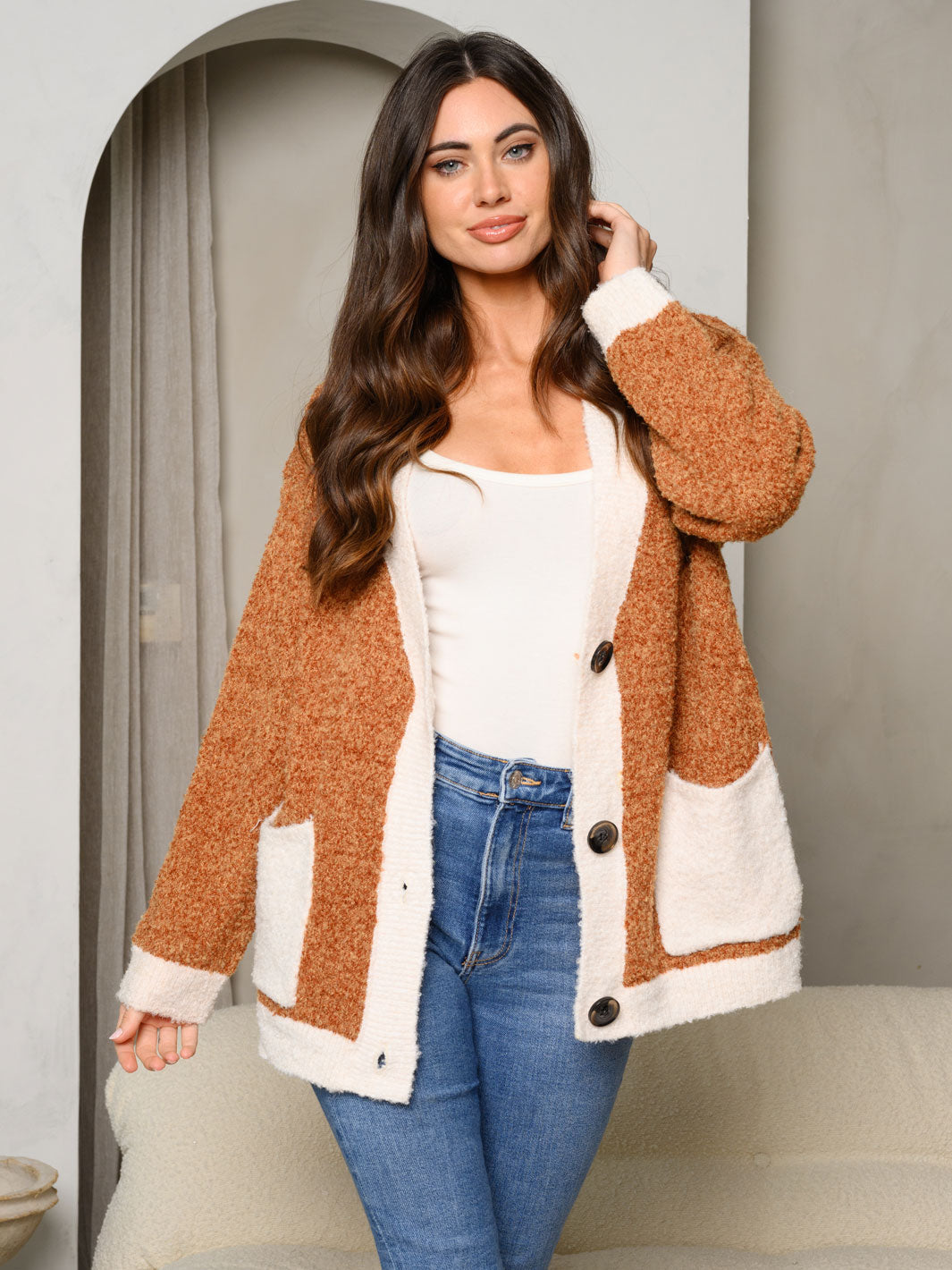 WOMEN'S LONG SLEEVE COLORBLOCK BUTTON UP SWEATER CARDIGAN