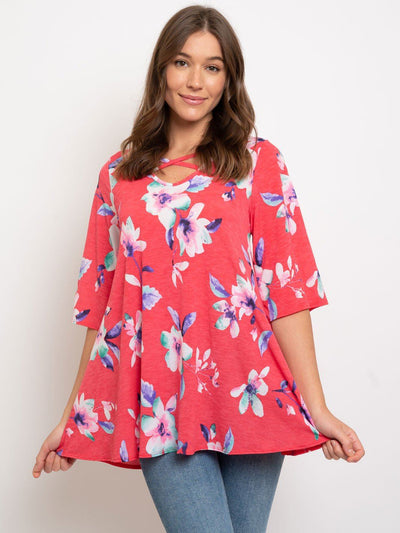WOMEN'S FLORAL FRONT CROSS TUNIC TOP