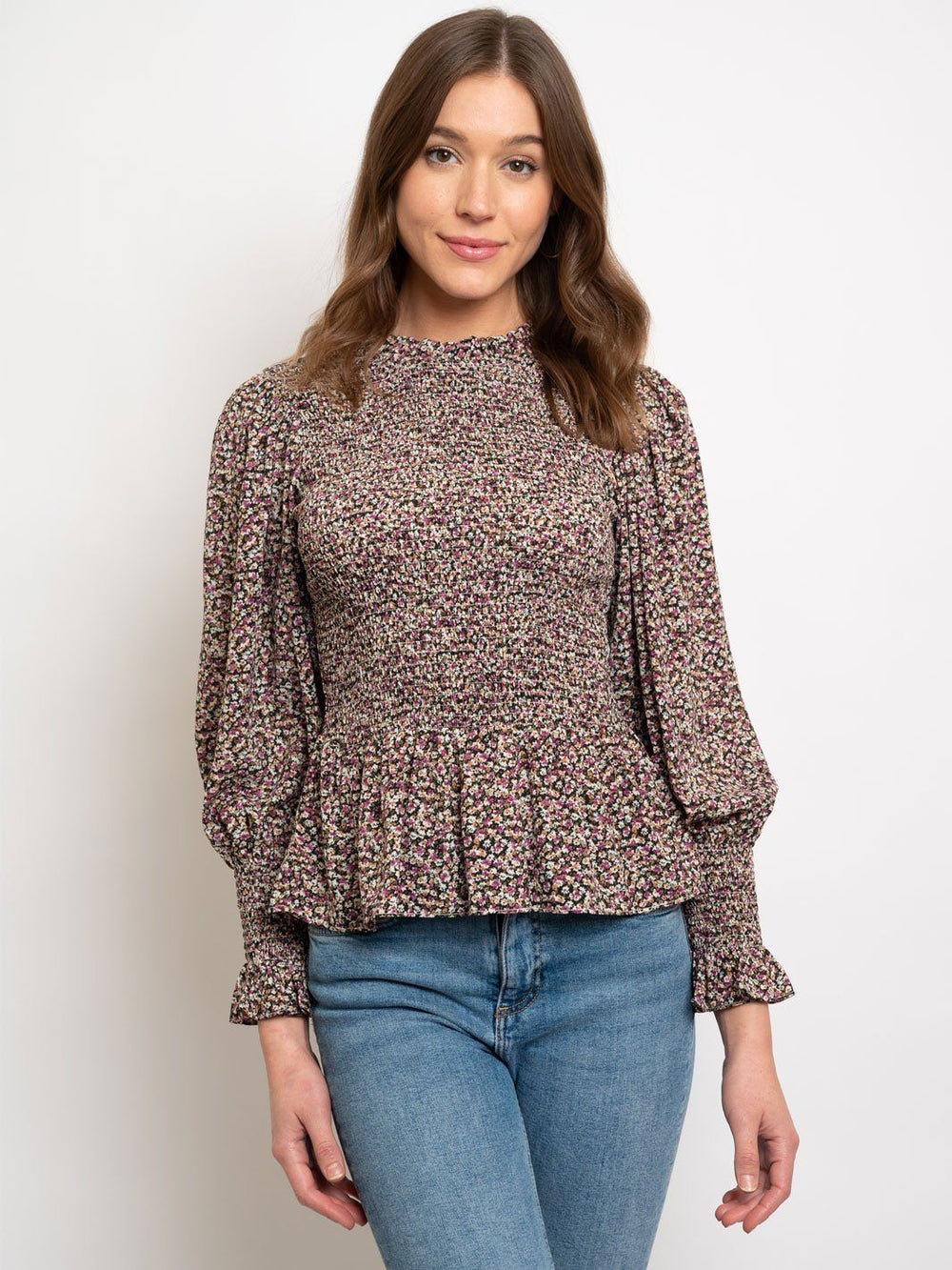 WOMEN'S FLORAL PRINT SMOCKED LONG SLEEVE PEPLUM TOP