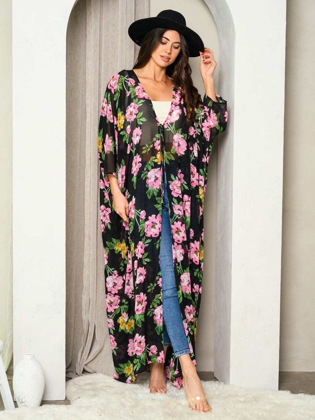 WOMEN'S 3/4 SLEEVES FRONT TIE FLORAL KIMONO