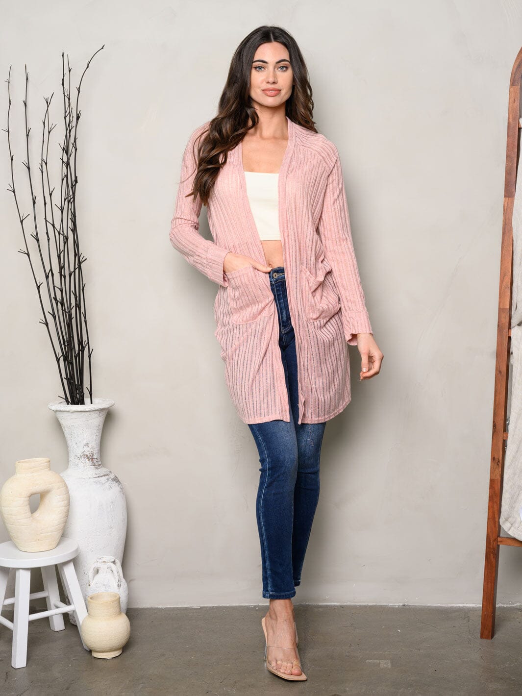 WOMEN'S LONG SLEEVE OPEN FRONT POCKETS CARDIGAN