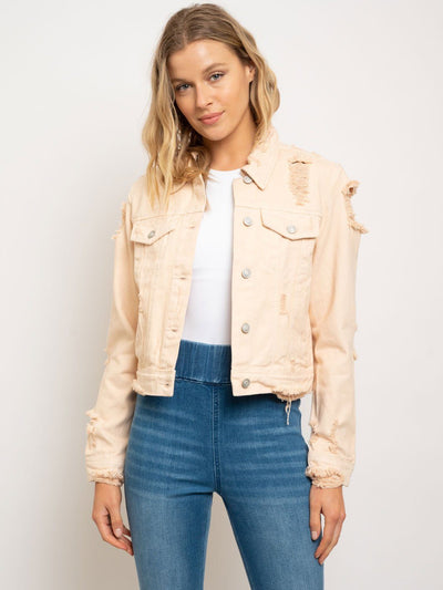 WOMEN'S DESTROYED PINK DENIM TRUCKER JACKET