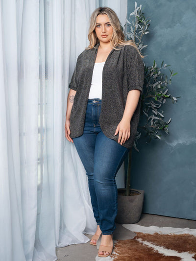 PLUS SIZE SHORT SLEEVE OPEN FRONT SHIMMER CARDIGAN