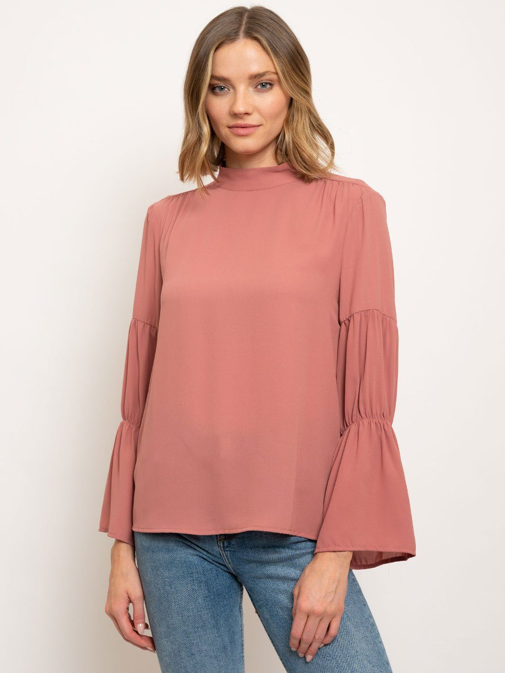 WOMEN'S LONG SLEEVE MOCK NECK PLEATED LONG SLEEVES TOP