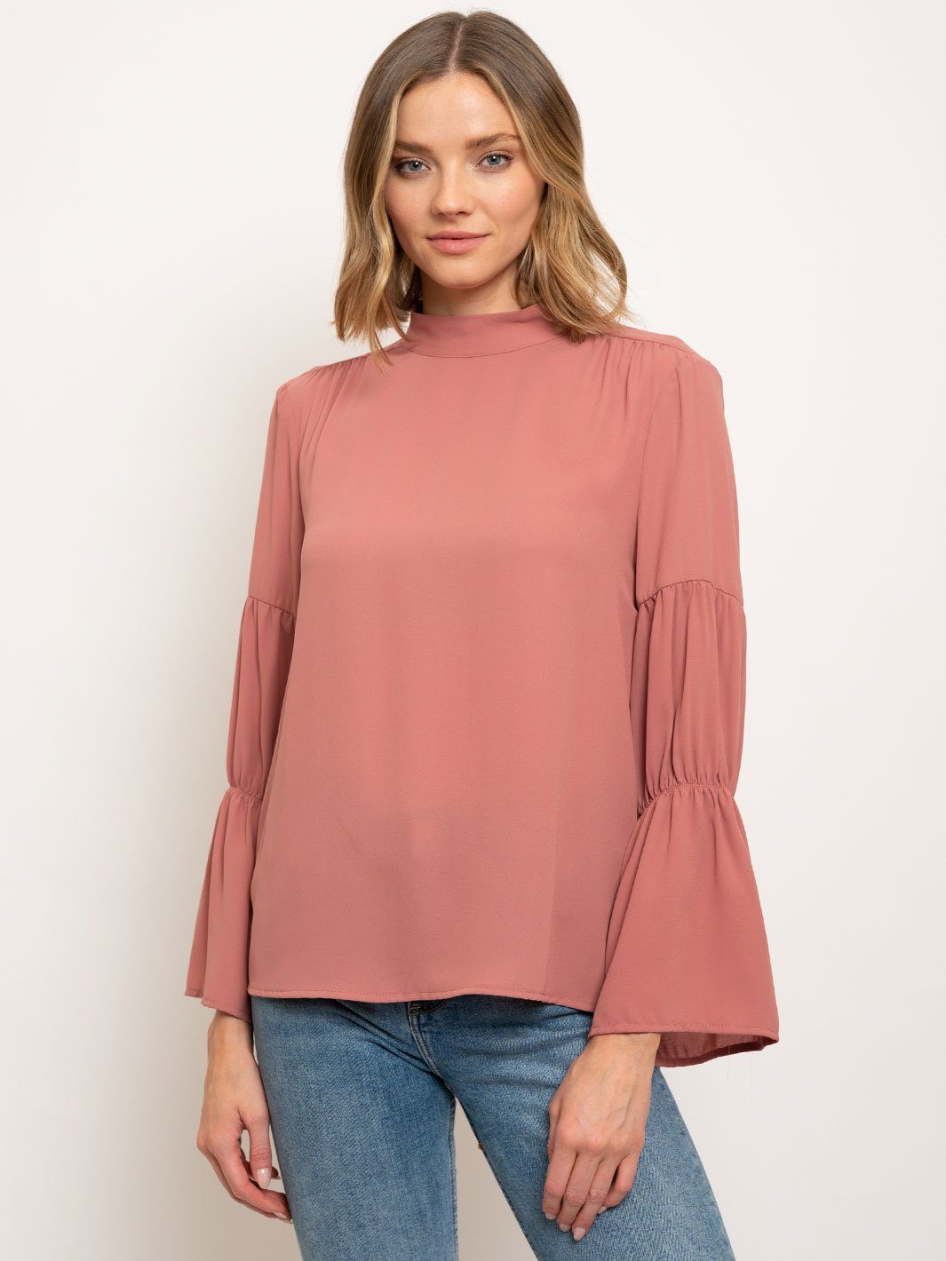 WOMEN'S LONG SLEEVE MOCK NECK PLEATED LONG SLEEVES TOP