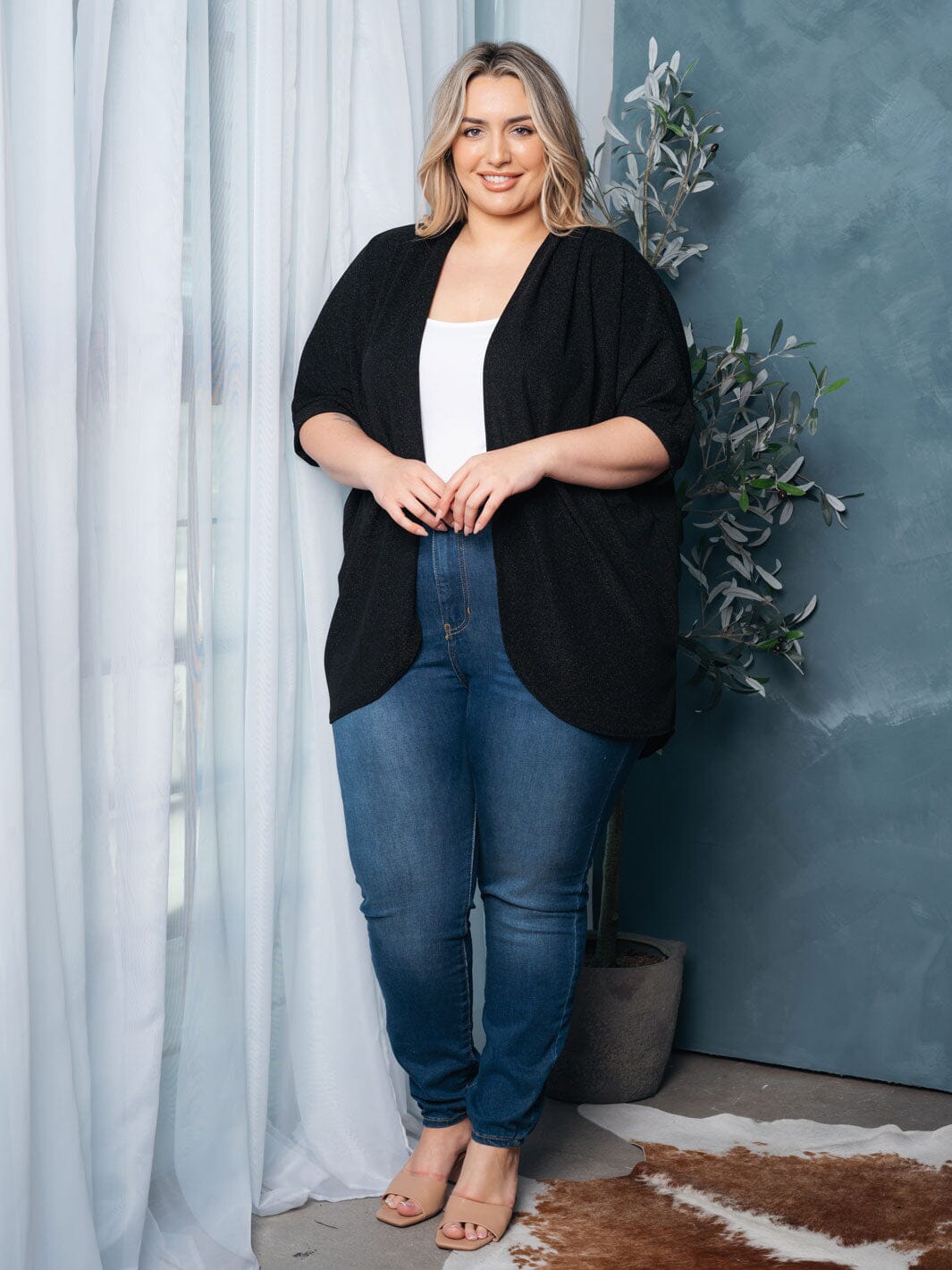 PLUS SIZE SHORT SLEEVE OPEN FRONT SHIMMER CARDIGAN