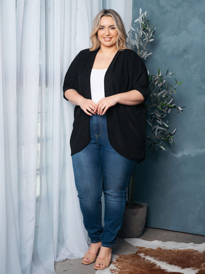 PLUS SIZE SHORT SLEEVE OPEN FRONT SHIMMER CARDIGAN