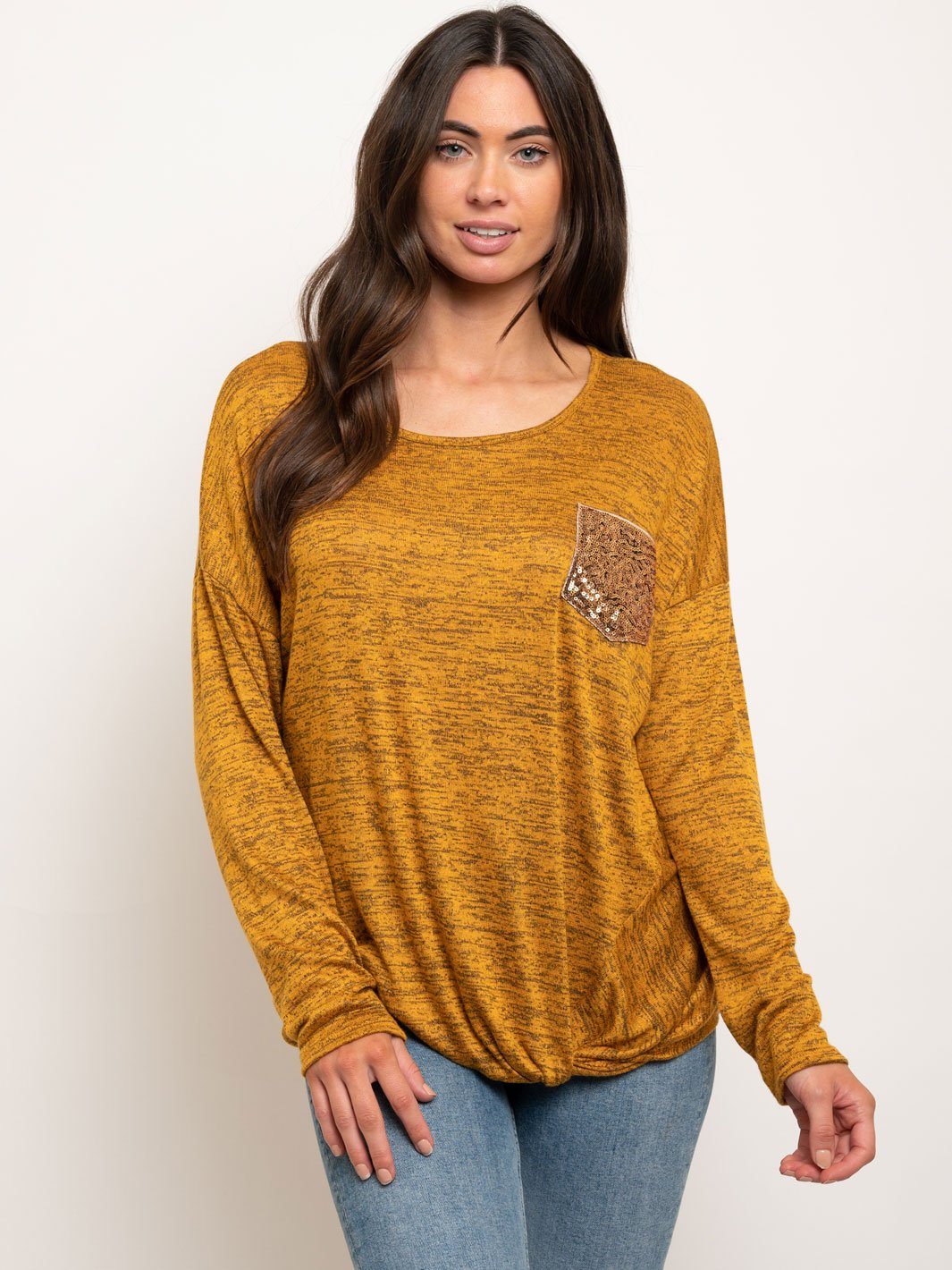 WOMEN'S LONG SLEEVE FRONT KNOT POCKET TOP