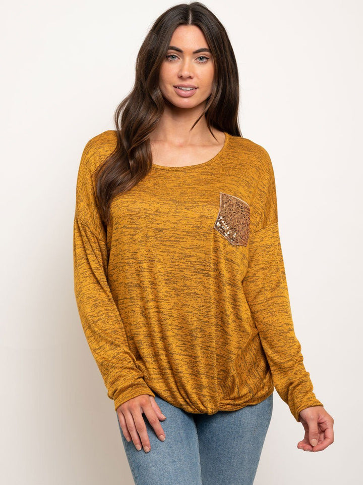WOMEN'S LONG SLEEVE FRONT KNOT POCKET TOP