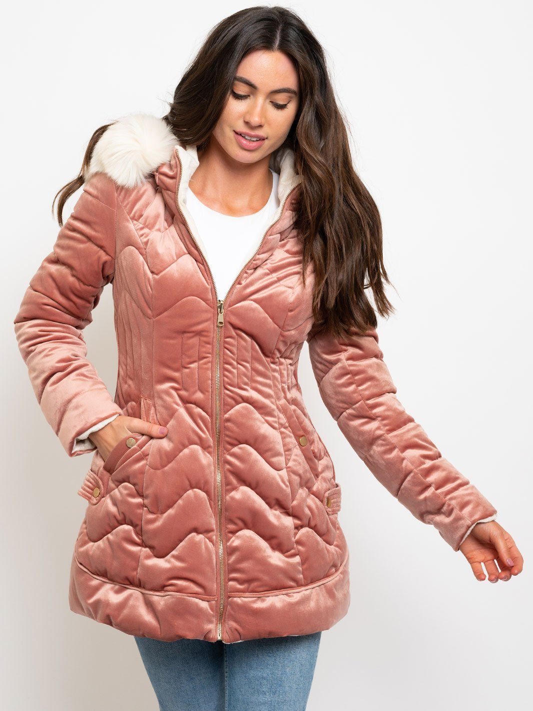WOMEN'S MID-LENGTH HOODED VELVET QUILTED REVERSIBLE COAT