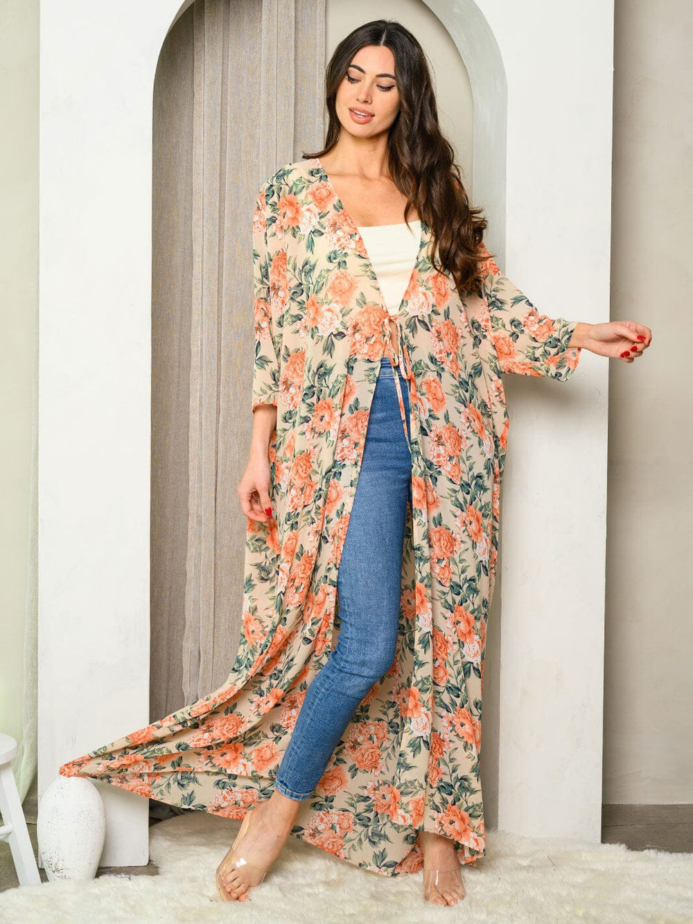 WOMEN'S 3/4 SLEEVES FRONT TIE FLORAL KIMONO