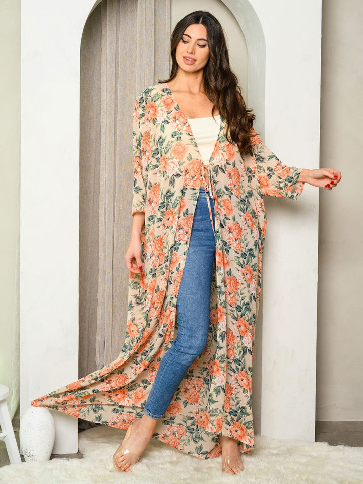 WOMEN'S 3/4 SLEEVES FRONT TIE FLORAL KIMONO
