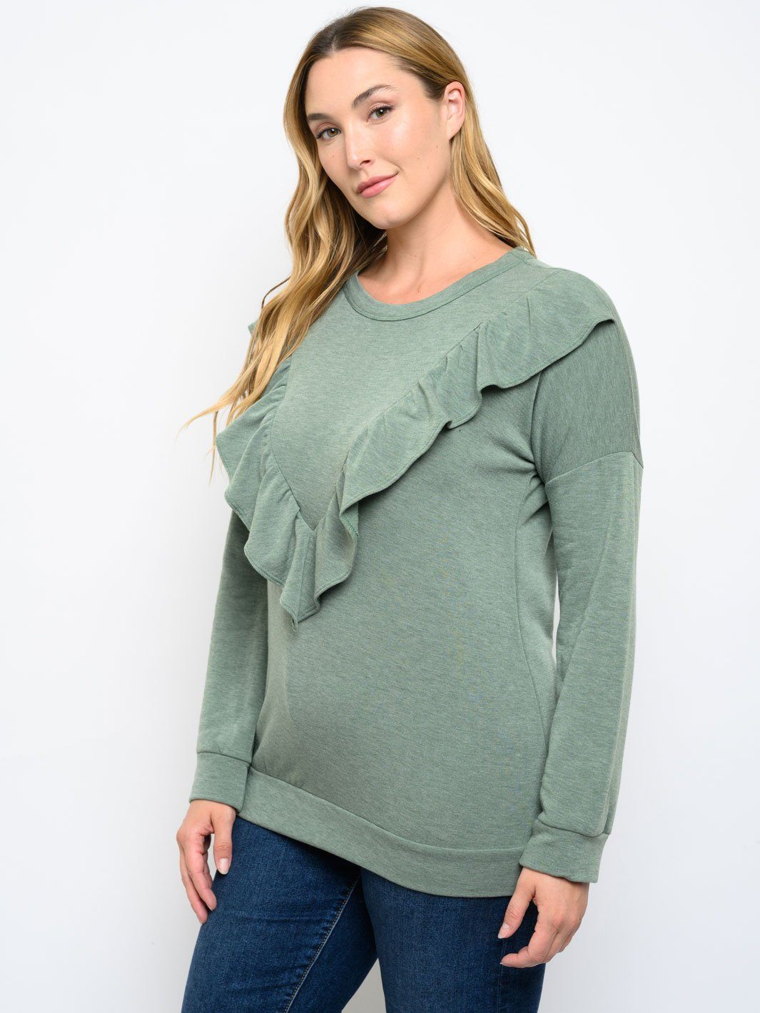 PLUS SIZE LONG SLEEVE RUFFLE DETAIL TOP
