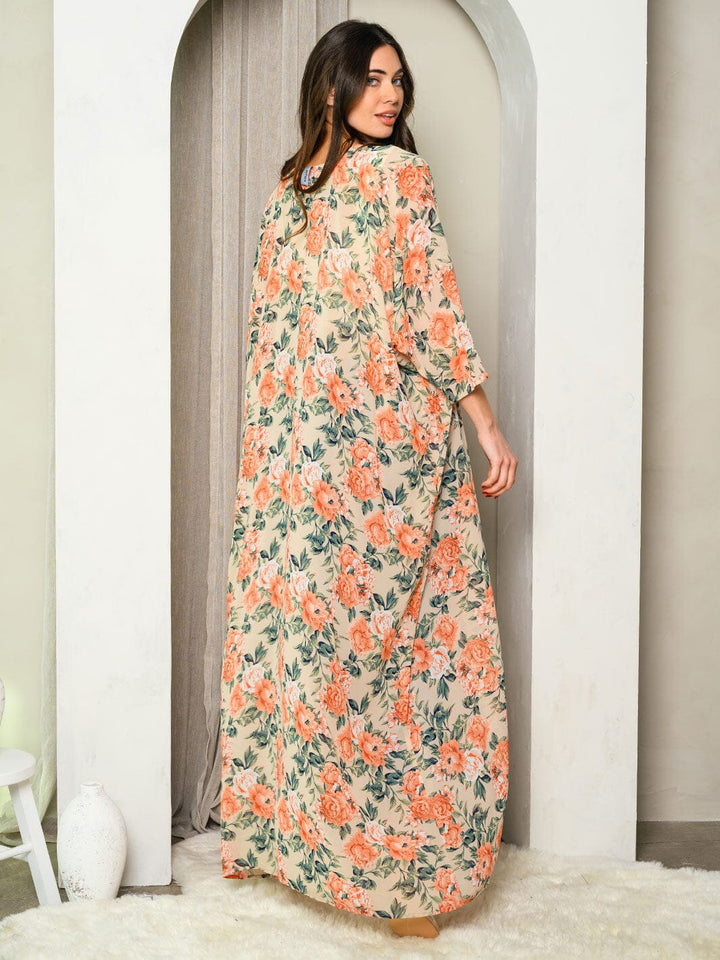 WOMEN'S 3/4 SLEEVES FRONT TIE FLORAL KIMONO