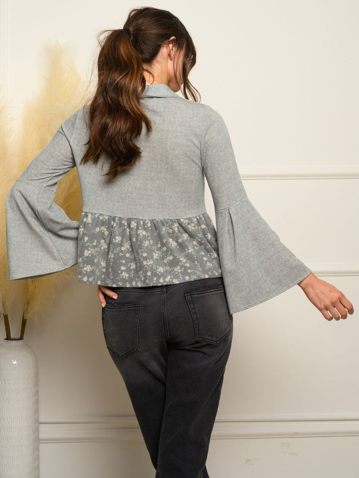 WOMEN'S LONG BELL SLEEVE BUTTON UP FLORAL TOP