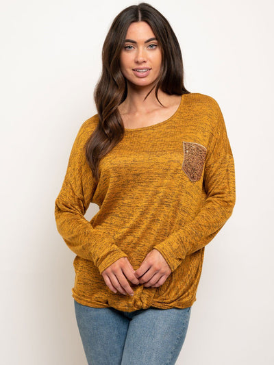 WOMEN'S LONG SLEEVE FRONT KNOT POCKET TOP