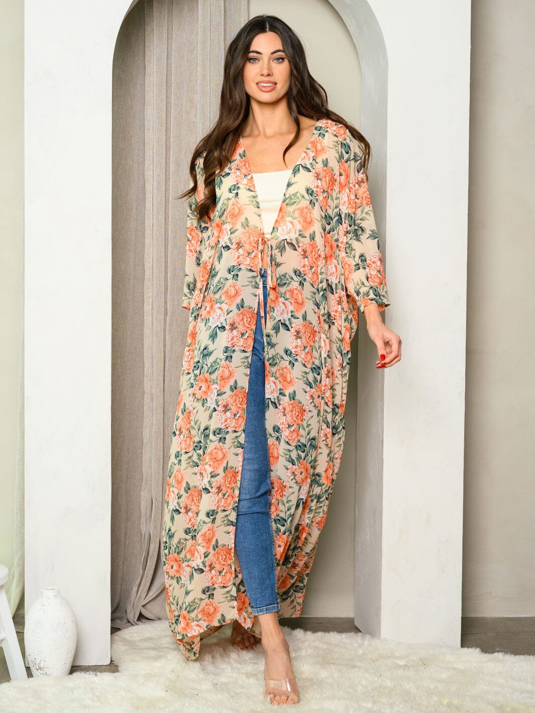 WOMEN'S 3/4 SLEEVES FRONT TIE FLORAL KIMONO
