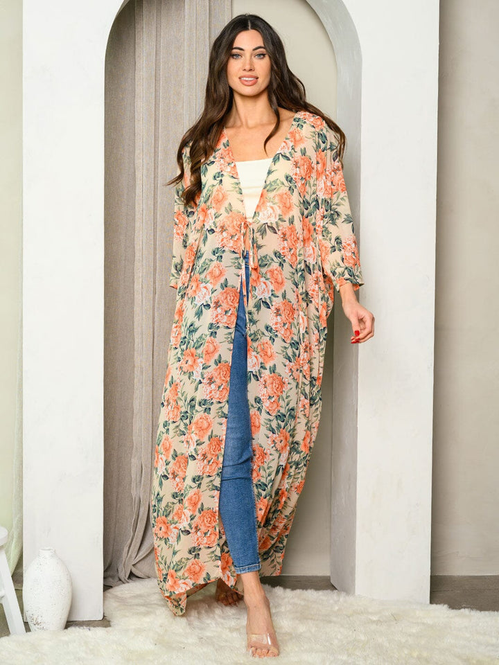 WOMEN'S 3/4 SLEEVES FRONT TIE FLORAL KIMONO