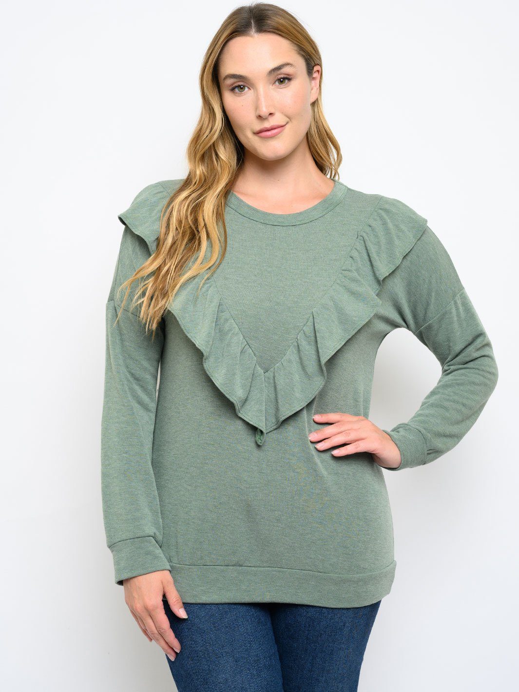 PLUS SIZE LONG SLEEVE RUFFLE DETAIL TOP