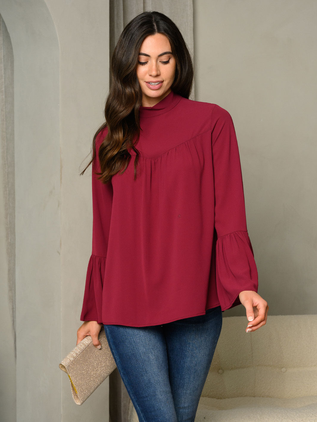 WOMEN'S MOCK NECK BELL LONG SLEEVE TOP
