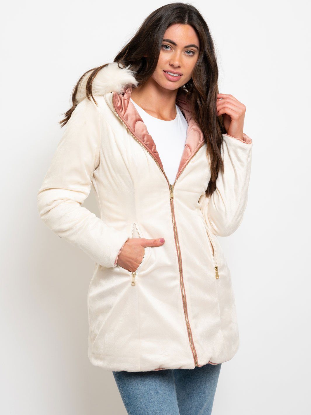 WOMEN'S MID-LENGTH HOODED VELVET QUILTED REVERSIBLE COAT