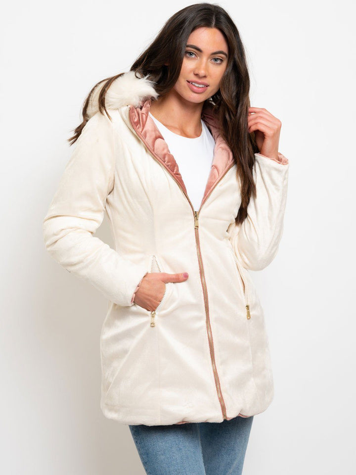 WOMEN'S MID-LENGTH HOODED VELVET QUILTED REVERSIBLE COAT