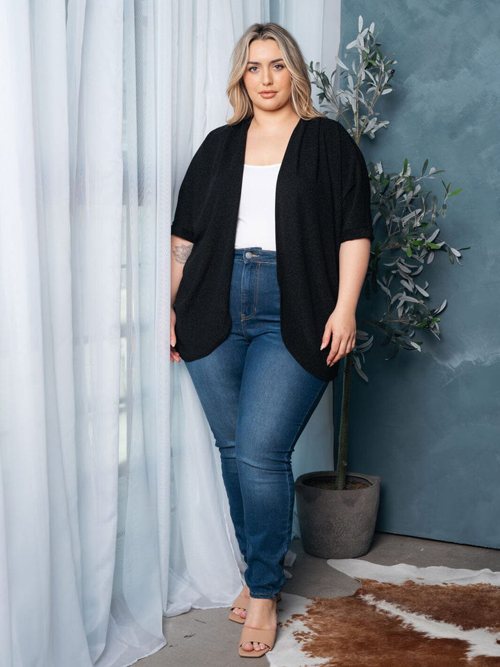 PLUS SIZE SHORT SLEEVE OPEN FRONT SHIMMER CARDIGAN