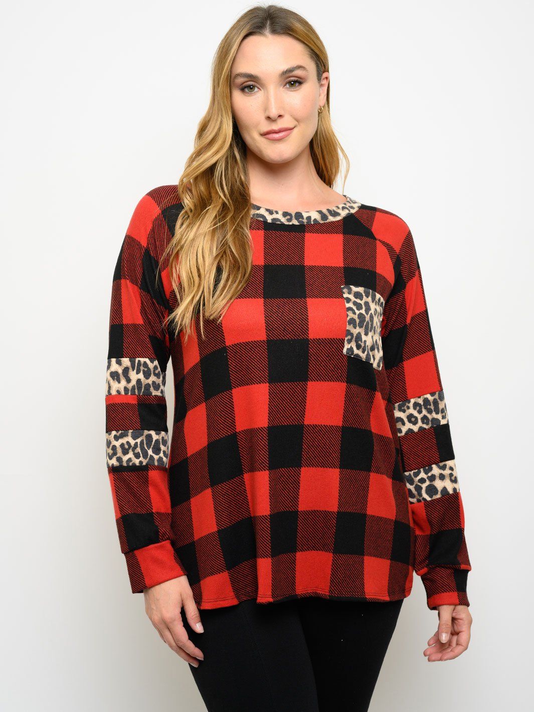 PLUS SIZE LONG SLEEVE PLAID ANIMAL PRINT DETAIL TOP