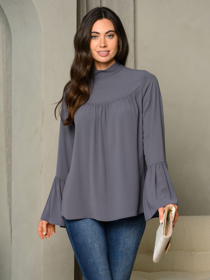 WOMEN'S MOCK NECK BELL LONG SLEEVE TOP