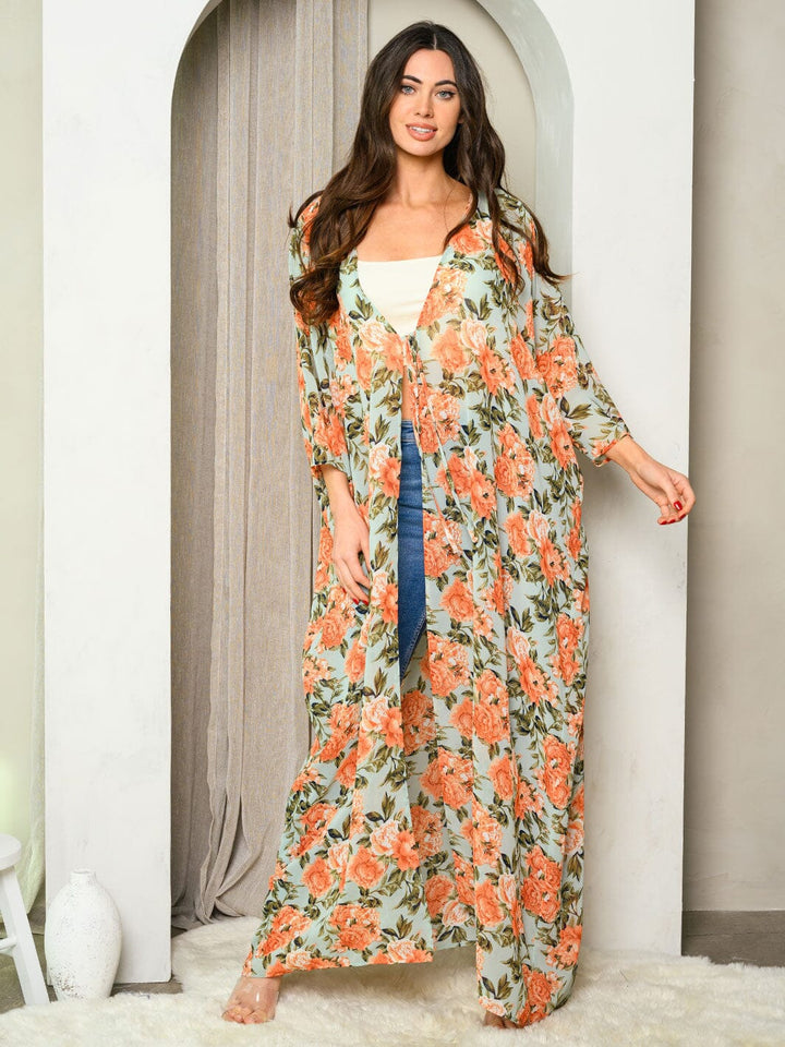 WOMEN'S 3/4 SLEEVES FRONT TIE FLORAL KIMONO