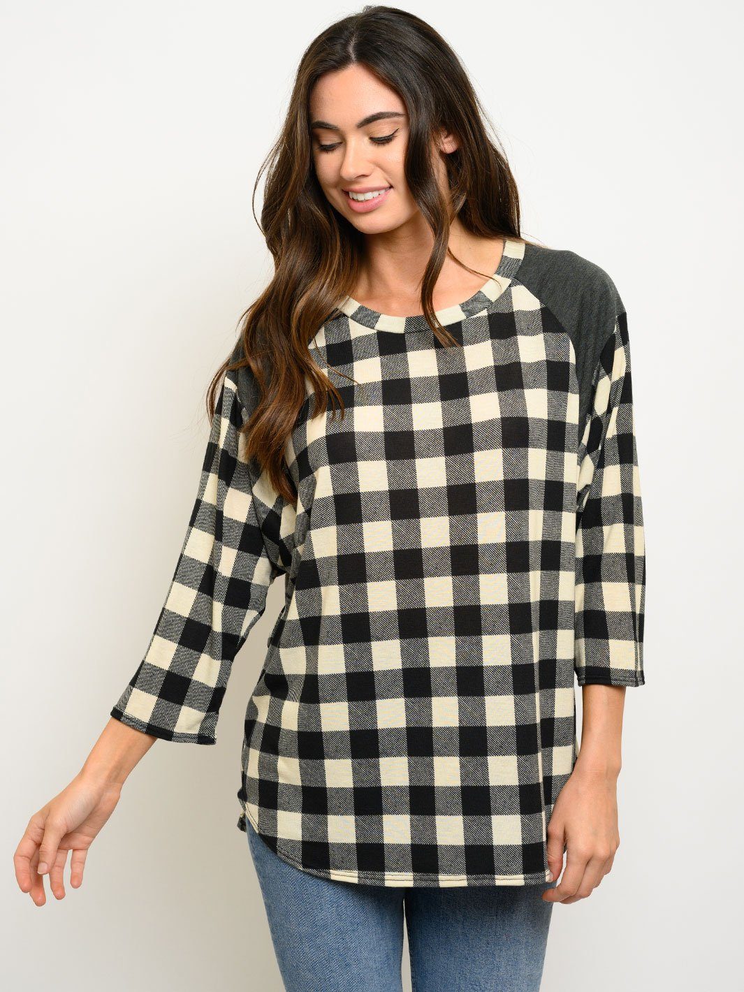 WOMEN'S PLAID 3/4 SLEEVES TOP