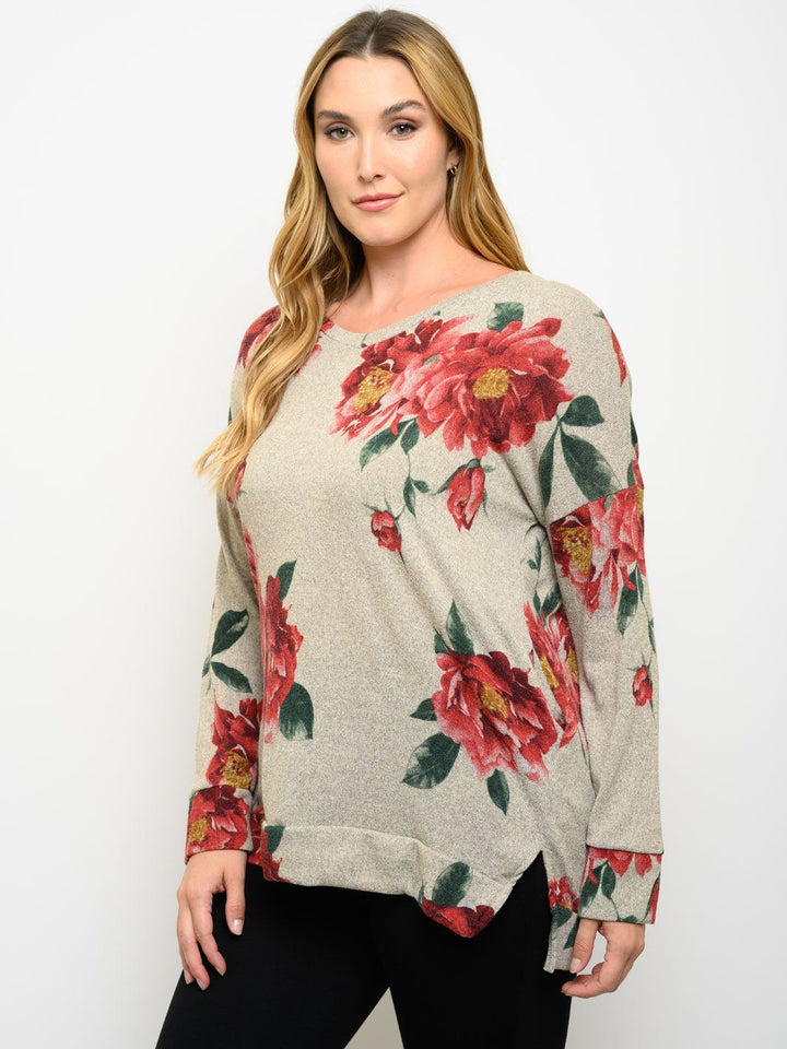 PLUS SIZE LONG SLEEVE FLORAL TUNIC TOP