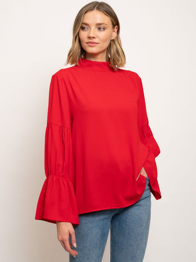 WOMEN'S LONG SLEEVE MOCK NECK PLEATED LONG SLEEVES TOP