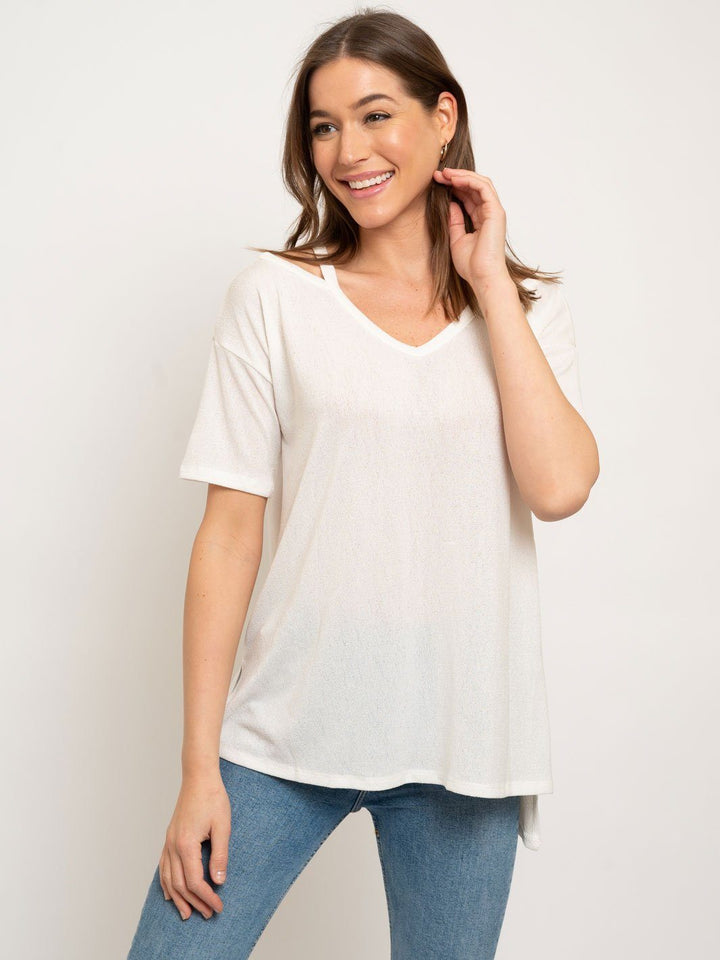 CREPE CUTOUT SHOULDER KNIT TOP