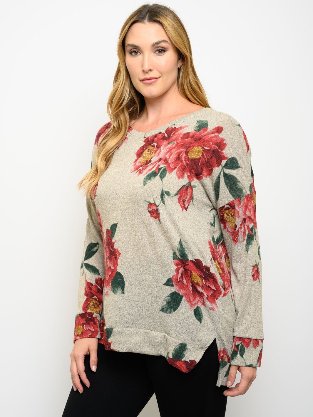 PLUS SIZE LONG SLEEVE FLORAL TUNIC TOP